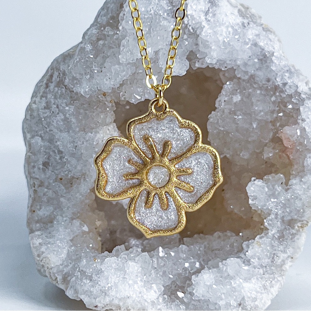 3/$20 14k Gold Pearl White Glitter Resin Flower Handmade Charm Pendant Necklace